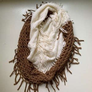 Fringe infinity scarf . Two toned white and brown